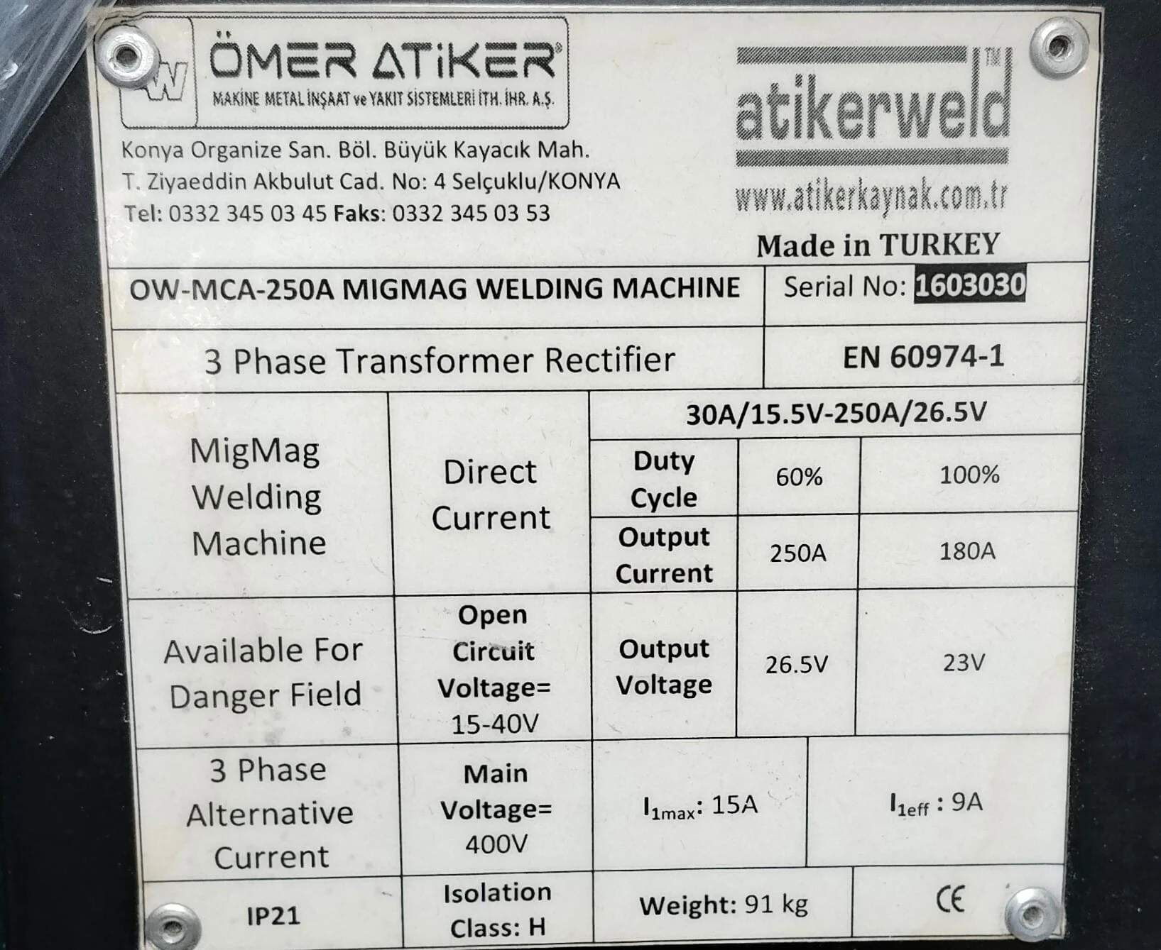 Omer Atiker OW-MCA-250A MIG/MAG Welding Machine - View 1